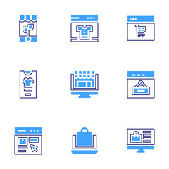 Online shopping icon set. Bold line style. Duotone colors. Editable stroke. online shopping, online shop, shopping bag, sale, e commerce, web browser, buy, growth