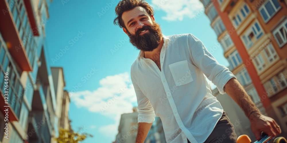 Poster a man with a beard is smiling and standing in front of a building. he is holding a skateboard and he