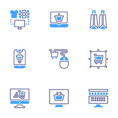 Online shopping icon set. Bold line style. Duotone colors. Editable stroke. onlineshopping, ecommerce, onlineshop, shoppingcart, shoppingbags