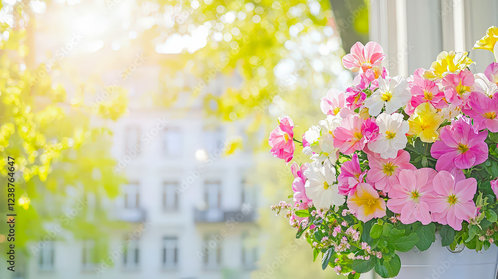 Poster Bright and colorful flowers in a window box with soft morning light illuminating a building in the background