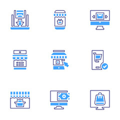 Online shopping icon set. Bold line style. Duotone colors. Editable stroke. onlineshopping, onlinestore, shoppingcart, onlineshop, shoppingonline, ecommerce, discount