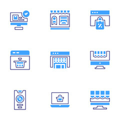 Online shopping icon set. Bold line style. Duotone colors. Editable stroke. screen, buy, online trading, buy online, shopping bags, credit card payment, growth, mobile banking, cart