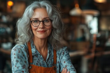 Confident mature woman in a cozy workshop environment with warm lighting