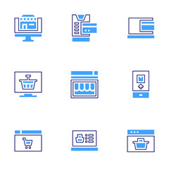 Online shopping icon set. Bold line style. Duotone colors. Editable stroke. shop, shopping, online payment, banking, wine bottle, smart phone, wish list, jewel, online