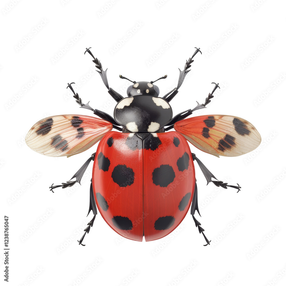 Poster ladybug with open wings displaying red body and black spots in detailed close-up view