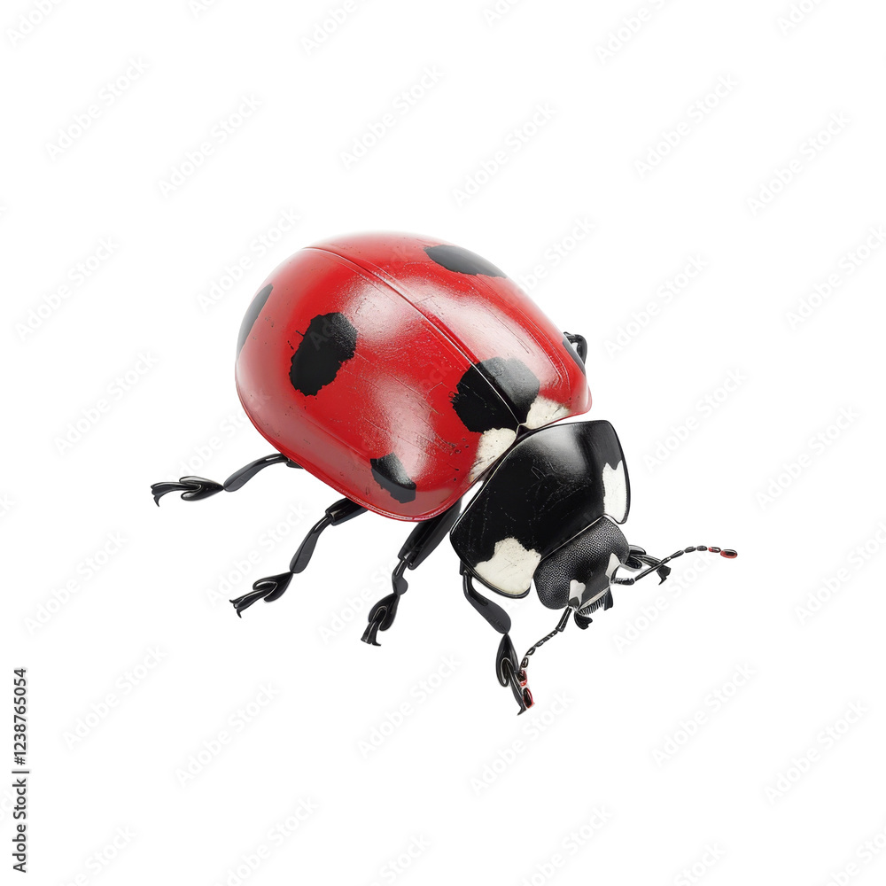 Poster adorable ladybird with red and black spots displayed on simple surface in detailed close up image