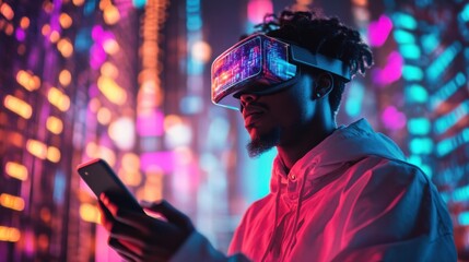 Young man experiencing virtual reality in neon urban setting with smartphone
