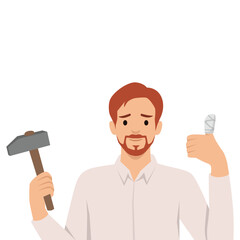 DIY Accident. Man holding hammer and showing a bandaged thumb, injury from working with tools. Flat vector illustration isolated on white background