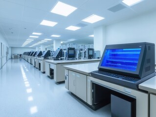 Fototapeta premium modern scientific laboratory with advanced equipment, clean workstations, and gleaming surfaces under bright technical lighting