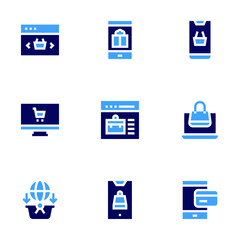 Online shopping icon set. Bold style. Duotone colors. online shopping, e commerce, online payment, add to basket, smartphone