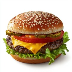 Juicy cheeseburger with lettuce, tomato, and sesame seed bun, isolated on white background