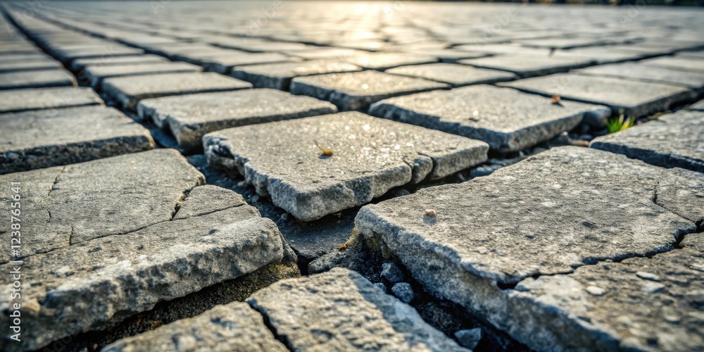 Poster close-up view of a weathered stone pavement, showcasing the texture and detail of each individual st