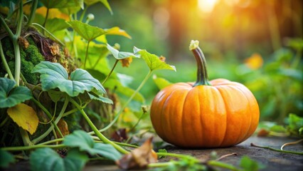 A vibrant orange pumpkin rests gently amidst lush green foliage, bathed in the warm glow of a setting sun