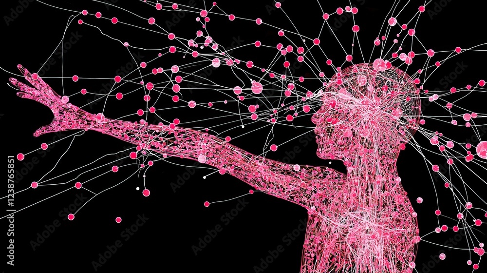 Poster astounding visuals capturing interaction of abstract human form with connections