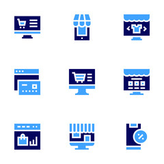Online shopping icon set. Bold style. Duotone colors. online shopping, shopping online, marketplace, online shop, mobile phone, screen, online store
