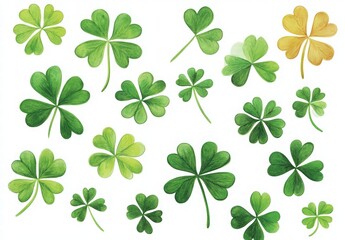 St. Patrick's Day, Happy St. Patrick's Day background with shamrock leaves on a white banner template. Greeting card design for St. Patrick's Day celebration. green clover isolated on a white backdrop