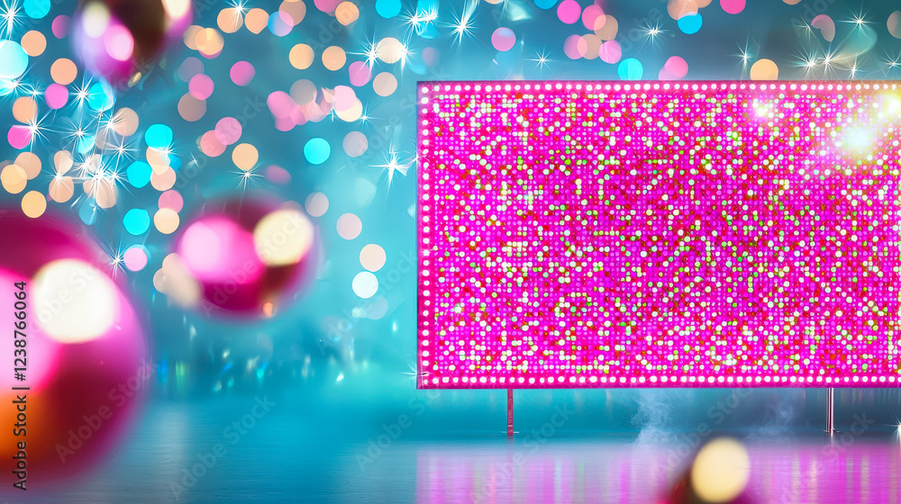 Poster bright pink illuminated display with shimmering lights against a vibrant blue background at a festiv