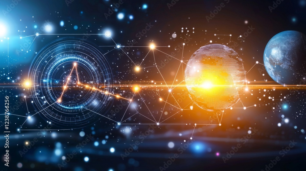 Poster celestial backdrop of intricate data systems and cosmic elements in motion