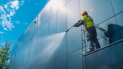 Worker cleans building exterior using a pressure washer during bright sunny day in urban setting