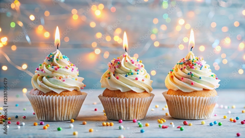 Poster Three delightful vanilla cupcakes, each topped with swirls of frosting and colorful sprinkles, are elegantly arranged with a single lit candle atop each, creating a festive and charming scene.