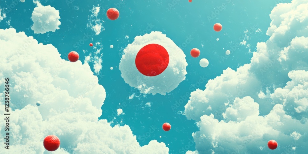 Poster an abstract image featuring playful red bubbles floating against a backdrop of cloudy blue sky, evok