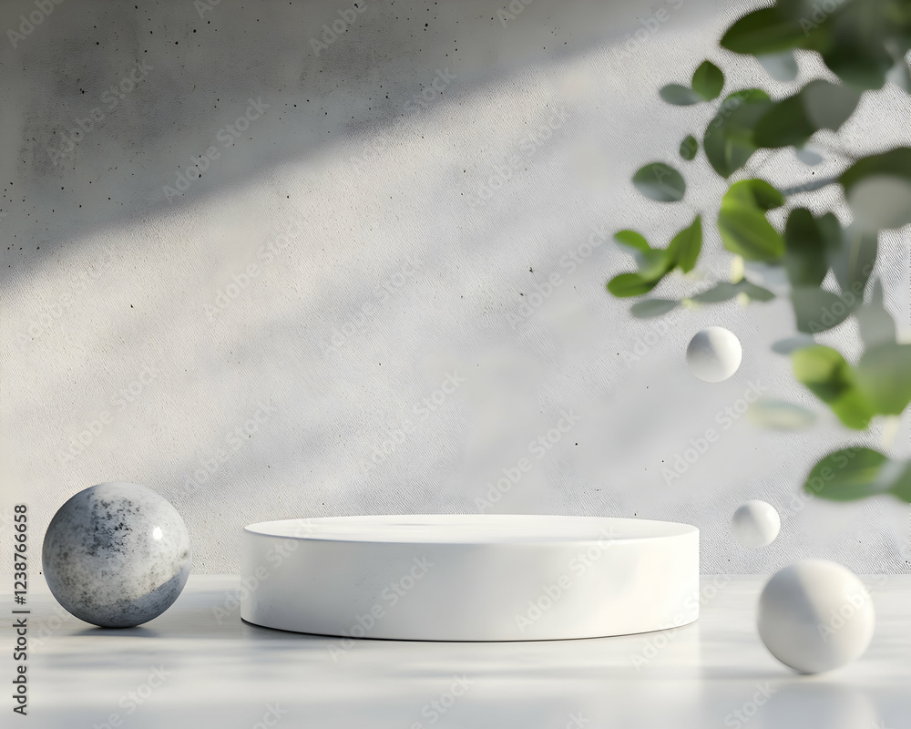 Poster minimalist product display: white cylinder platform with abstract elements