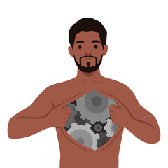 Fototapeta premium Cyborg Identity. Man pulling open his chest to reveal mechanical gears inside, Fusion of machine. Flat vector illustration isolated on white background