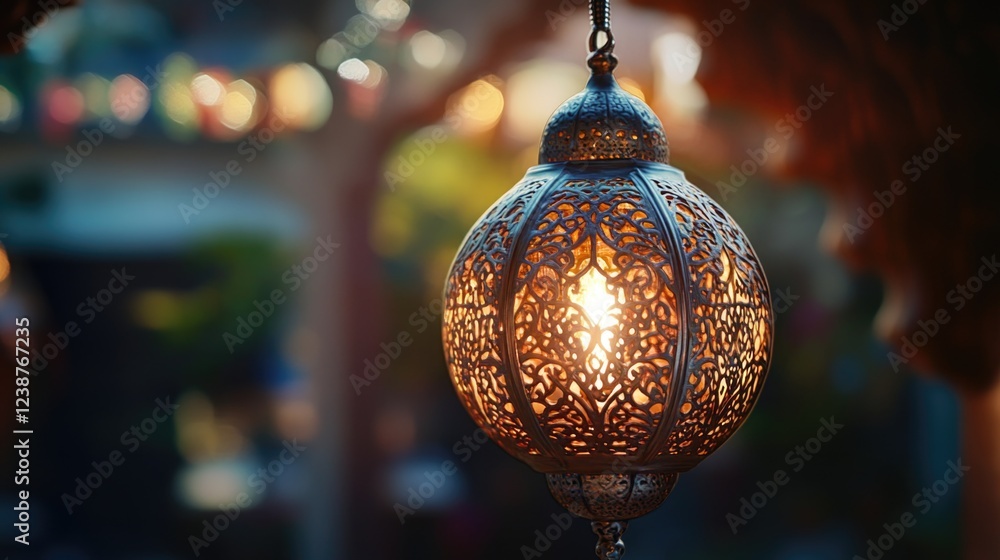 Poster a lantern with a light inside of it. the light is on and the lantern is hanging from a chain