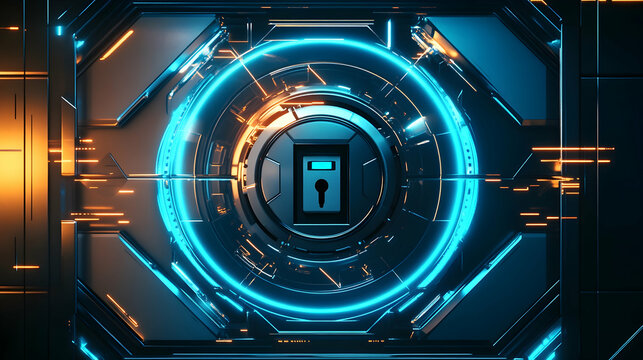 A secure lock embedded in a glowing futuristic vault door with sleek geometric patterns and bright blue lights
