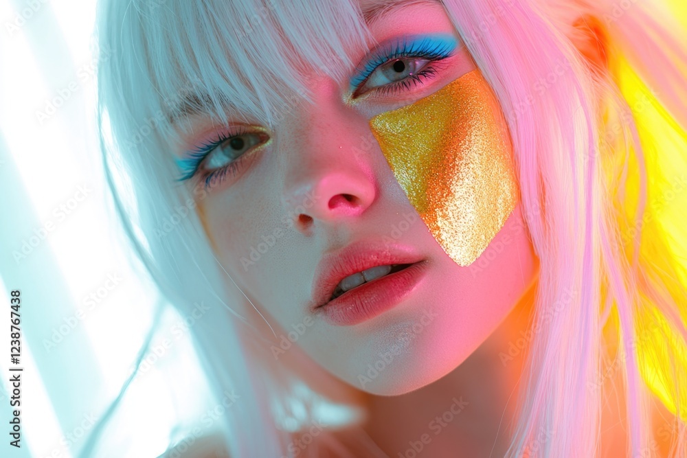 Poster close-up of a person's face painted in creative design, ideal for use as a portrait or symbolizing i