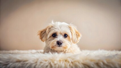 Adorable fluffy puppy resting on a soft, white fur rug