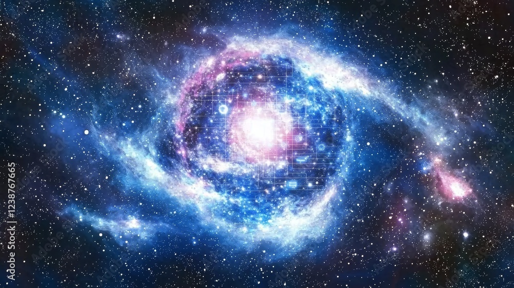 Poster cosmic energy field infused with data metrics in a vibrant galaxy design