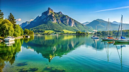 Fototapeta premium Serene lakefront with sailboats in Mondsee