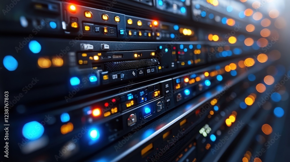 Poster close-up view of illuminated server racks in a data center, showcasing technology and connectivity (