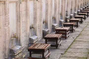 Ablution stands at a mosque in Istanbul, Turkey