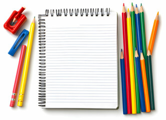 Blank Spiral Notebook Surrounded by Colorful Pencils and Stationery