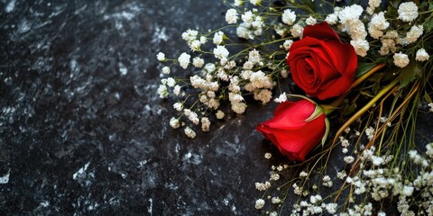 A single red rose in a bouquet, surrounded by small white flowers. A symbol of love and appreciation for special occasions.