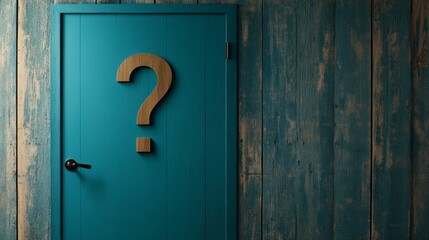 A vibrant blue door with a large question mark symbol, set against a rustic wooden wall backdrop
