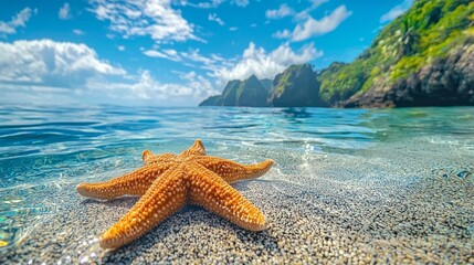 A vibrant orange starfish sprawls on the sandy shore while gentle waves lap at its edges. Lush green hills rise in the background under a bright blue sky scattered with fluffy clouds