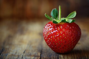 A Single Ripe Strawberry Rests On Wooden Surface