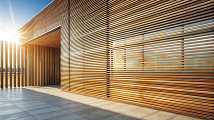 Modern architectural design featuring a sunlit exterior with horizontal wooden slats and a spacious patio