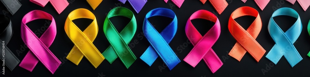 Poster a collection of colorful ribbons placed on a dark, matte finish background