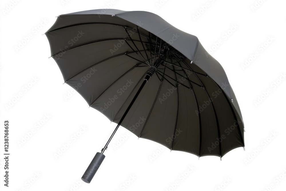 Poster a simple black umbrella with a matching handle on a clean white background, ideal for illustrations 