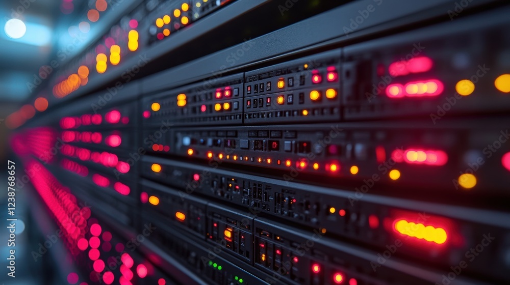 Poster close-up view of illuminated server racks in a data center showcasing technology and connectivity (2