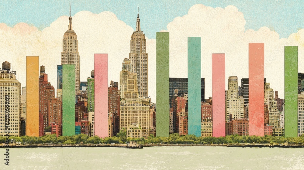 Poster vibrant city skyline with bar graph elements representing data analytics