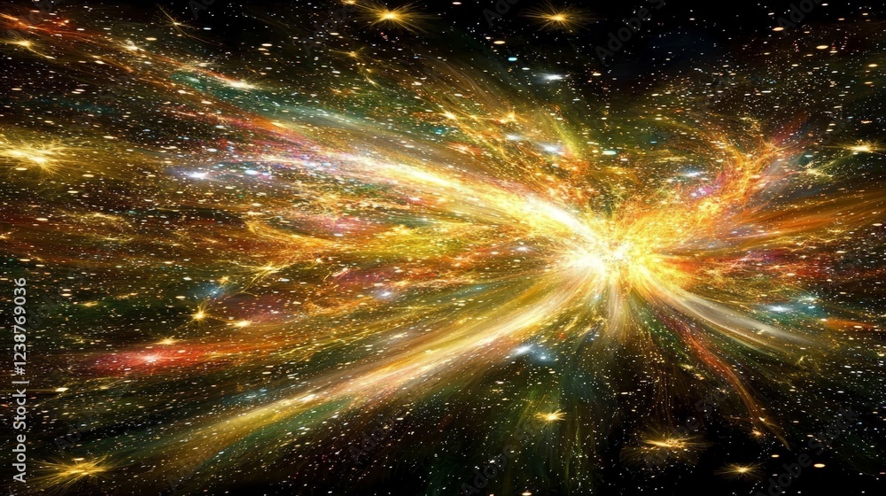 Poster vibrant digital explosion in cosmic space with dynamic light patterns