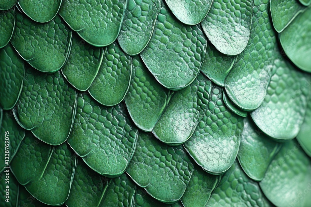 Poster a green leaf with a pattern of scales, giving it a reptilian appearance. the scales are arranged in 