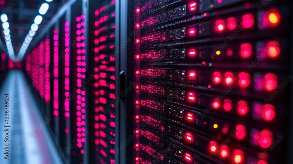 Poster close-up view of illuminated server racks in a data center, showcasing technology and connectivity (