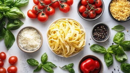 Fresh ingredients for italian pasta dish featuring tagliatelle, cherry tomatoes, basil, and cheese