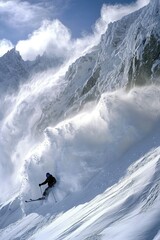 A person snowboarding down a steep, white mountain slope.
